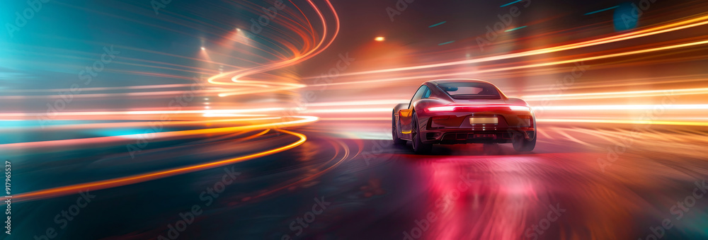 A car is driving down a road at night by AI generated image A car is driving down a road at night by AI generated image