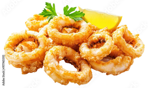 Crispy fried calamari with lemon wedge and parsley, cut out - stock png.
