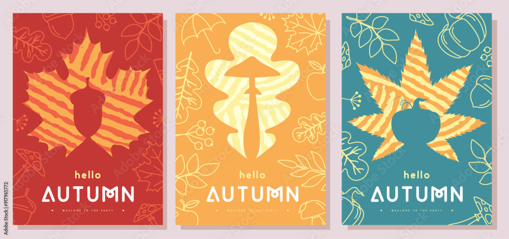 Set of retro flat autumn party posters with autumn floral attributes and leaves silhouettes. Seasonal sale poster. Vector illustration Set of retro flat autumn party posters with autumn floral attributes and leaves silhouettes. Seasonal sale poster. Vector illustration