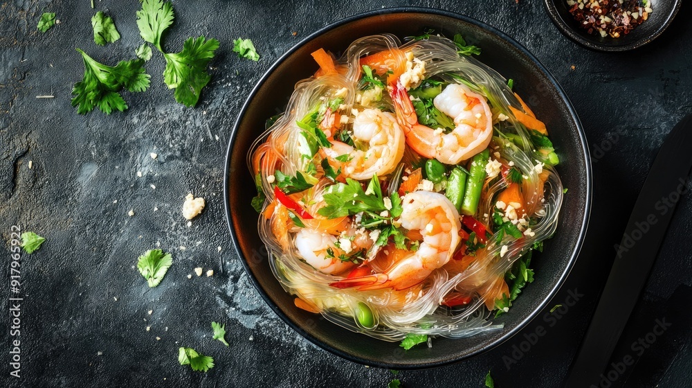 Top view of a bowl of Thai glass noodle salad (Yum Woon Sen) with shrimp and vegetables. Top view of a bowl of Thai glass noodle salad (Yum Woon Sen) with shrimp and vegetables.