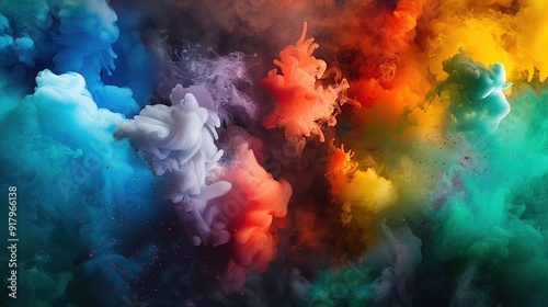 A vibrant burst of multicolored smoke plumes spreading outward, with vivid greens, blues, and reds blending seamlessly.