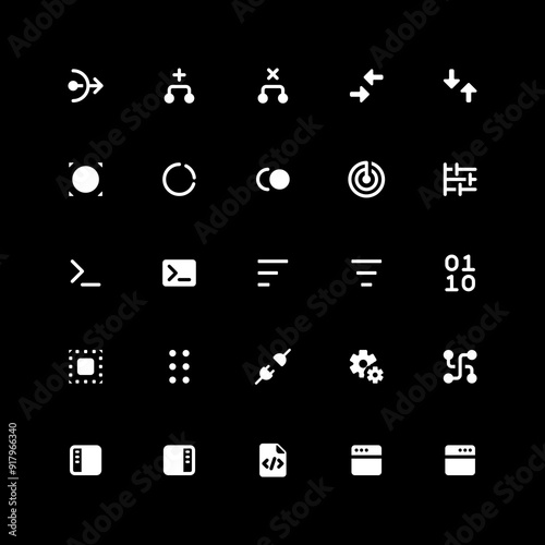 Developer icon set in line style vector. Nat, git, transaction, terminal, filter, binary illustration vector. Simple technology dark theme outline vector icons. Pixel perfect icon pack.