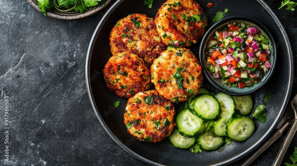Top view of a dish of Thai fish cakes with a side of cucumber relish. Top view of a dish of Thai fish cakes with a side of cucumber relish.