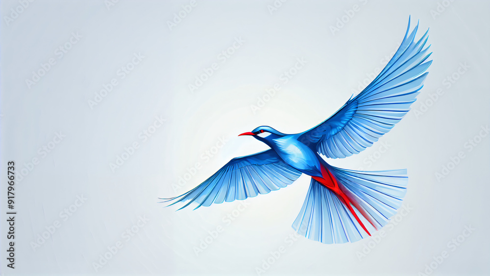 Obraz premium Graceful Flight: Stylized Art of a Bird in Modern Gradients, Capturing the Beauty and Freedom of Nature with Vibrant Blue and Red Feathers Against a Calm Background.