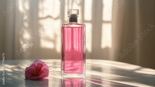 Pink Perfume Bottle on Table