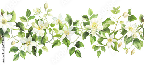 Wallpaper Mural Seamless Horizontal Watercolor Sweet autumn clematis vines Flowers isolated on transparent background PNG Torontodigital.ca