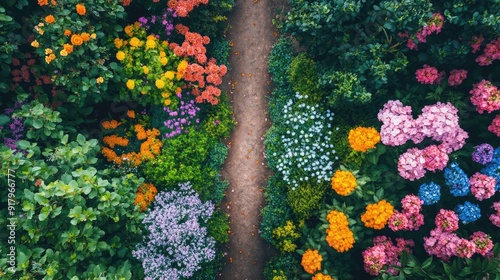 Fototapeta Naklejka Na Ścianę i Meble -  Top view of a garden path lined with colorful flowers in full bloom.