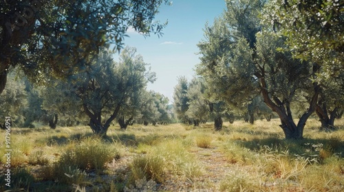 A serene olive grove with ripe olives ready for harvest.