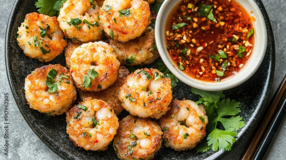 Top view of a platter of Thai-style shrimp cakes with sweet chili sauce.