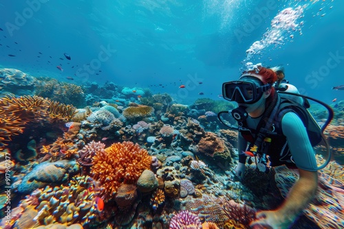 Wallpaper Mural A scuba diver explores vibrant coral reefs teeming with marine life in a tropical ocean. Torontodigital.ca