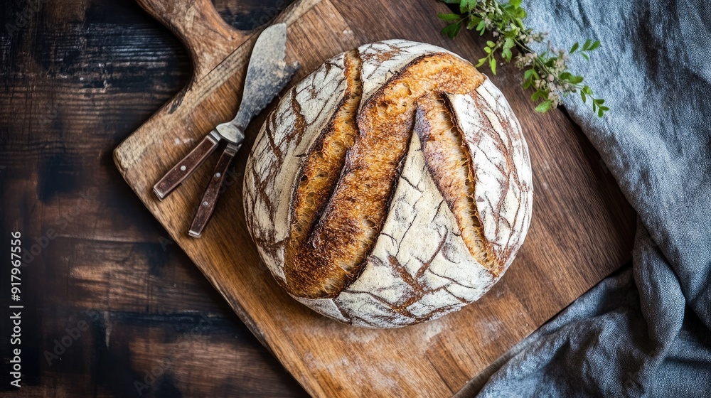 Fototapeta premium Top view of a rustic loaf of sourdough bread on a wooden cutting board. -