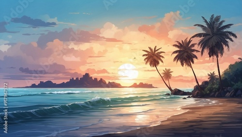 photo of beach scenery with coconut trees with sunset background made by AI generative