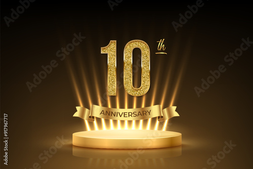 Tenth anniversary gold award podium. 10 year celebration birthday or jubilee golden vector background. Luxury stage with glowing rays, glittering number 10 and ribbon with text anniversary on black.