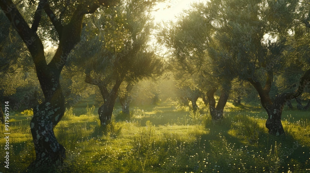 A serene olive grove with trees full of ripe olives. A serene olive grove with trees full of ripe olives.