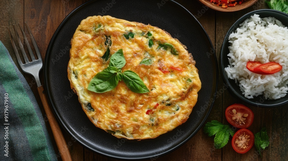 Top view of a serving of Thai omelette (Khai Jiao) with a side of rice. Top view of a serving of Thai omelette (Khai Jiao) with a side of rice.