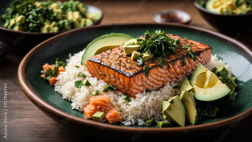 Salmon with Avocado and Rice: A delicious and healthy meal with grilled salmon, avocado slices, and white rice served on a green plate. A perfect example of a balanced meal that is both flavorful and Salmon with Avocado and Rice: A delicious and healthy meal with grilled salmon, avocado slices, and white rice served on a green plate. A perfect example of a balanced meal that is both flavorful and