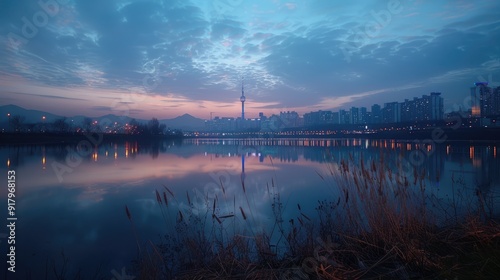Wallpaper Mural A serene cityscape with a tall tower reflected in a calm lake at dawn.  The sky is a vibrant blend of blue and pink. Torontodigital.ca