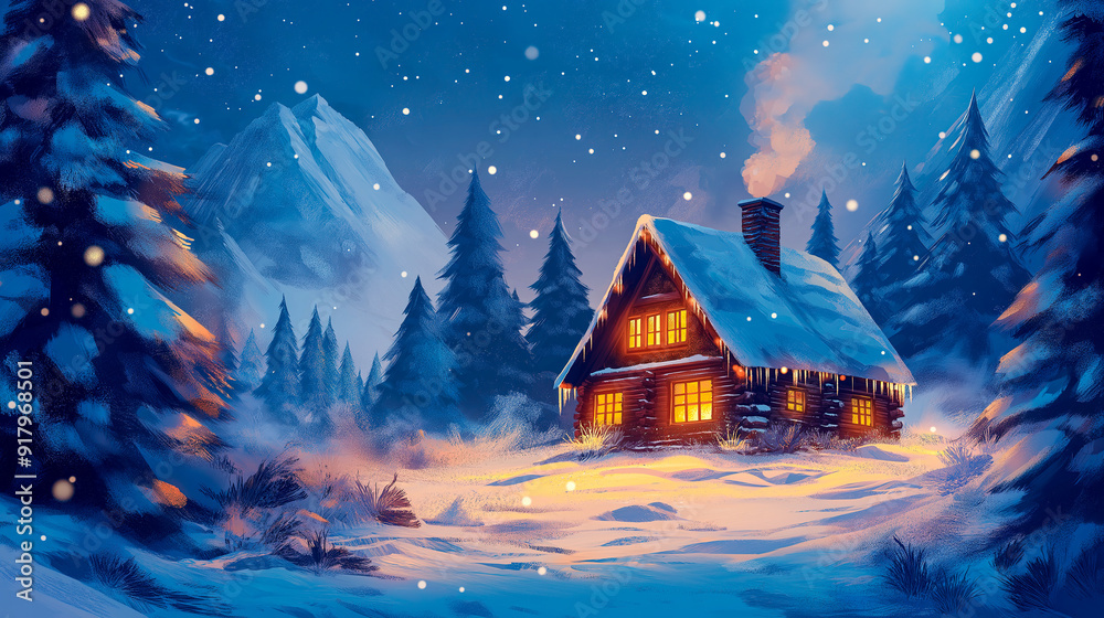 Fototapeta premium Charming Mountain Cabin Blanketed in Snow with Curling Smoke and Twinkling Lights, Surrounded by Pine Trees—Bright and Colorful Cartoon Anime Illustration