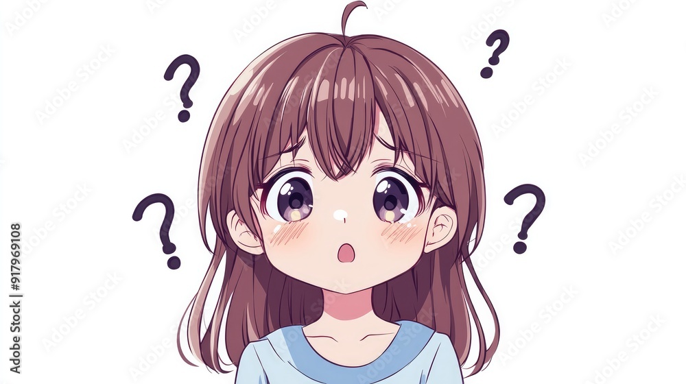 Adorable anime character showing confusion with tilted head and question marks, isolated on a white background Adorable anime character showing confusion with tilted head and question marks, isolated on a white background