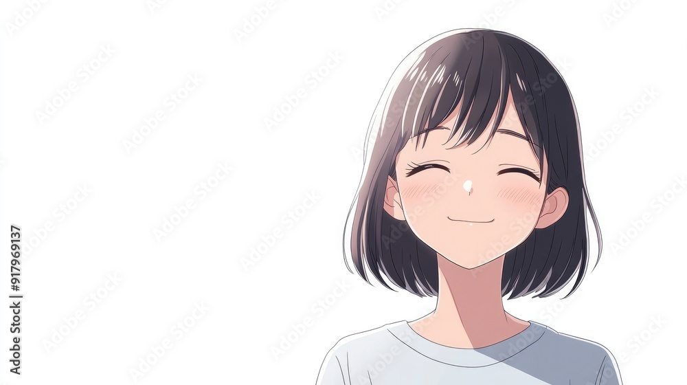 Adorable anime character showing contentment with a peaceful smile and closed eyes, isolated on a clean white background Adorable anime character showing contentment with a peaceful smile and closed eyes, isolated on a clean white background