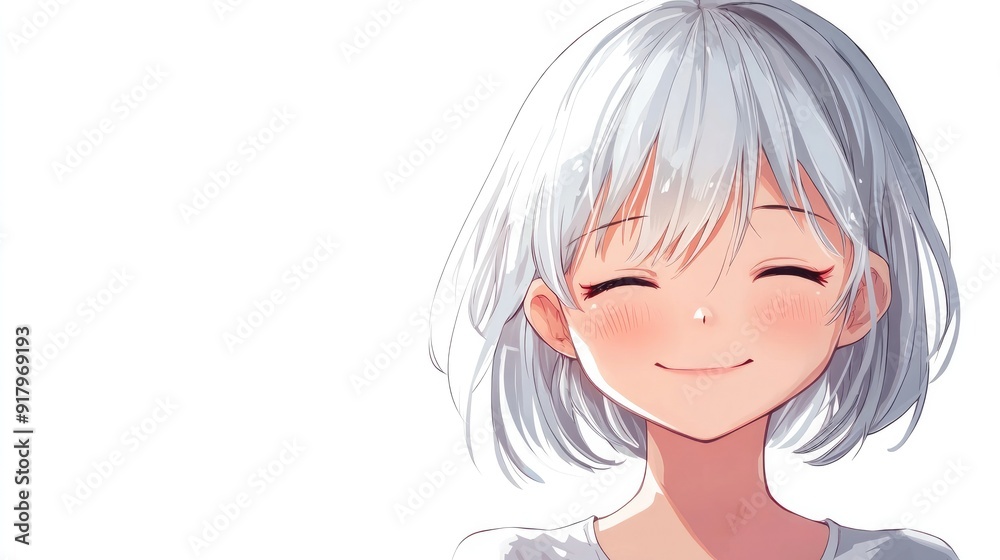 Adorable anime character showing contentment with a peaceful smile and closed eyes, isolated on a clean white background Adorable anime character showing contentment with a peaceful smile and closed eyes, isolated on a clean white background