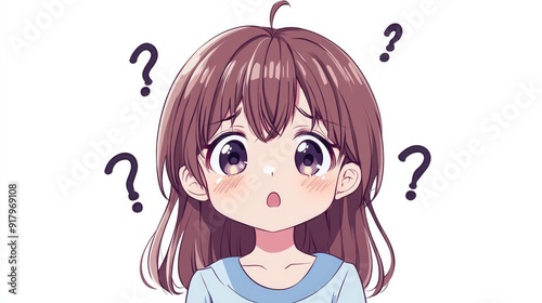 Adorable anime character showing confusion with tilted head and question marks, isolated on a white background