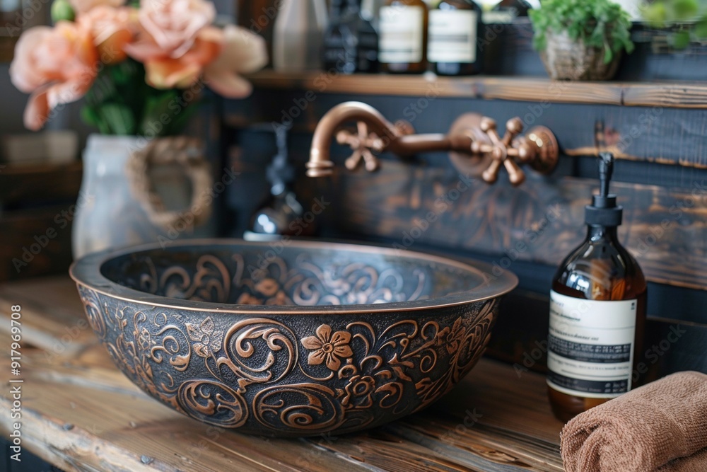 Fototapeta premium Vintage bronze sink with intricate scrollwork reminiscent of old-world craftsmanship and luxury. Antique design concept