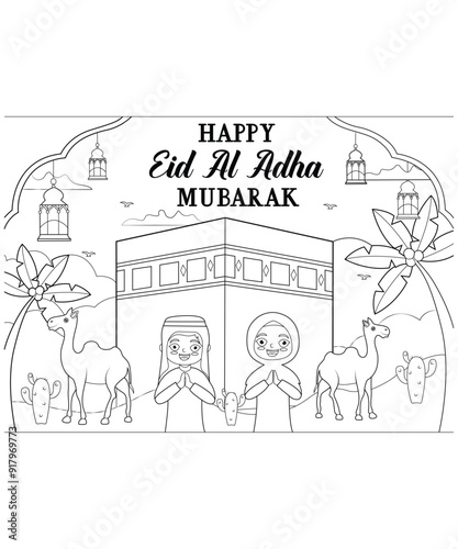 Eid al-Adha Mubarak .Fanny Eid Coloring page for kids and children photo