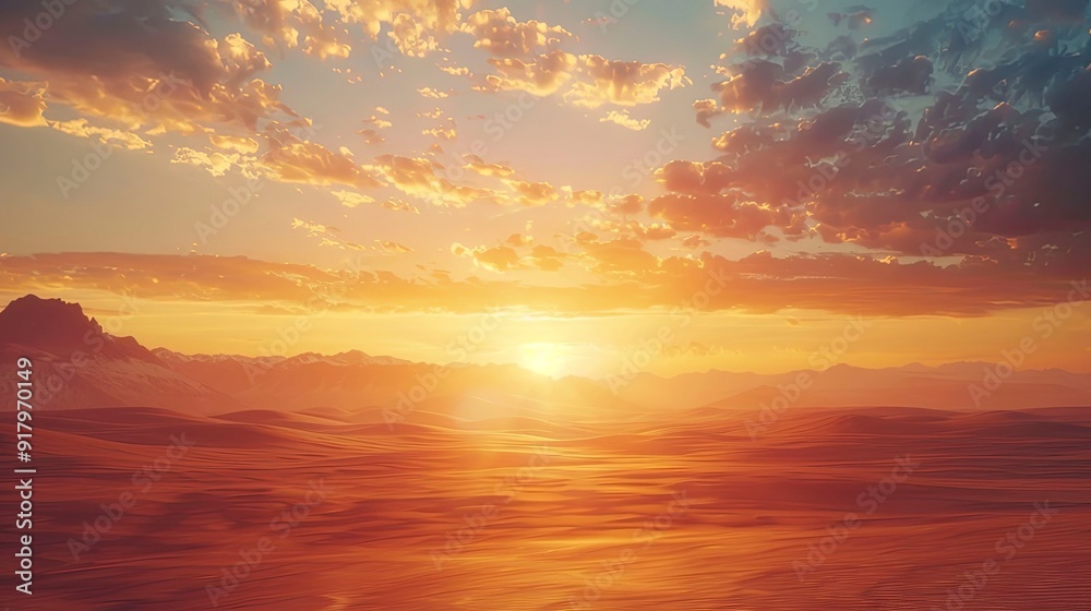 Obraz premium A serene sunrise over a desert landscape with the sky filled with warm colors.