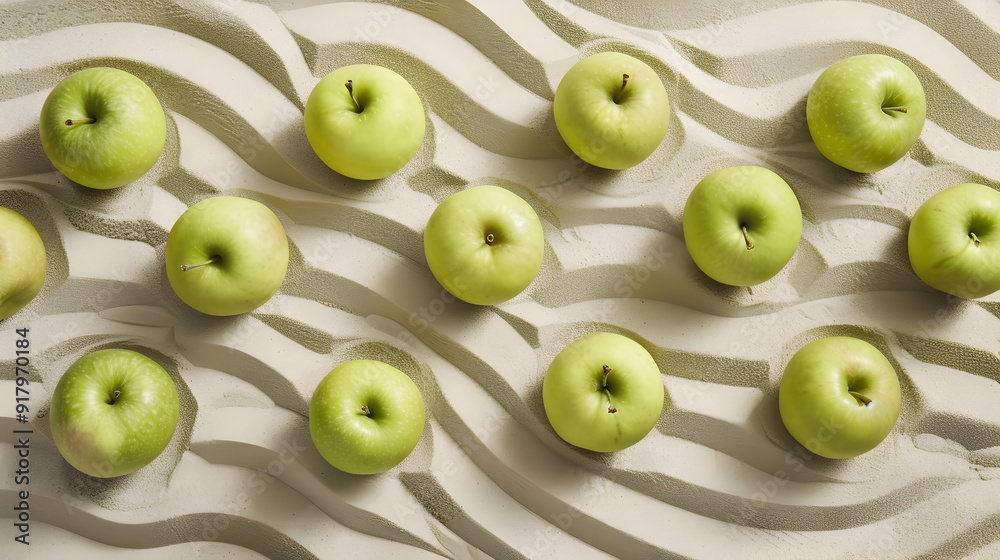Minimalist Zen Garden with Fresh Green Apples Arranged in Orderly Pattern Minimalist Zen Garden with Fresh Green Apples Arranged in Orderly Pattern