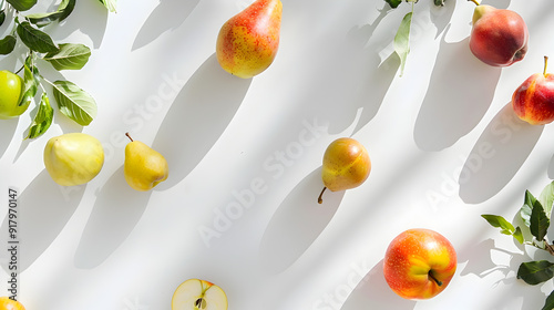 Minimalist White Background with Neatly Arranged Apples Pears and Peaches