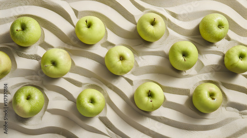 Minimalist Zen Garden with Fresh Green Apples Arranged in Orderly Pattern
