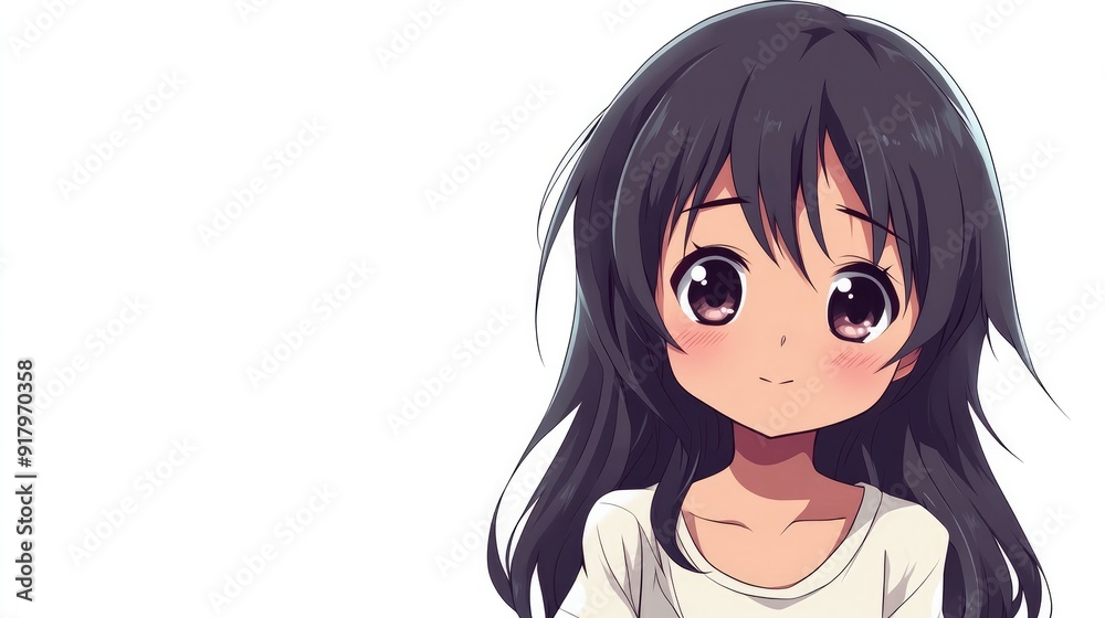 Adorable anime character showing shyness with a blushing face and downcast eyes, isolated on a white background Adorable anime character showing shyness with a blushing face and downcast eyes, isolated on a white background