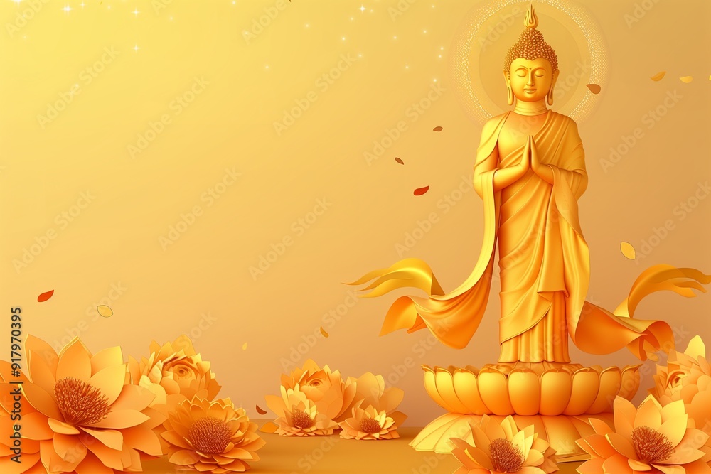 Buddha statue standing on a yellow gold vector illustration background Buddha statue standing on a yellow gold vector illustration background