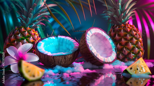 Neon Drenched Tropical Fruits Vibrant Pineapples and Coconuts Aglow in Futuristic Lighting