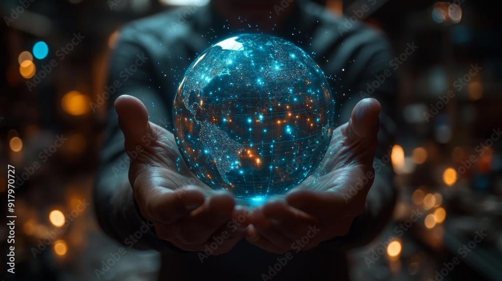 Fototapeta premium Hands holding a glowing digital globe - generative ai