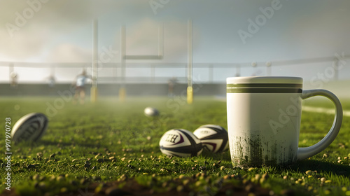 Rugby Field Yeti Mug with Blurred Players and Goal Posts in the Background