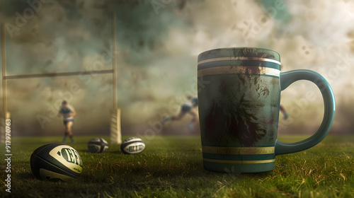 Rugged Rugby Field Yeti Mug with Blurred Players and Goal Posts