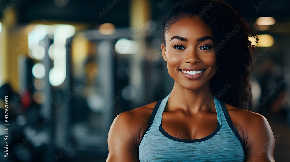 Fototapeta premium Muscular black woman in sportswear, fitness trainer smiling and looking at the camera in the background of the gym.