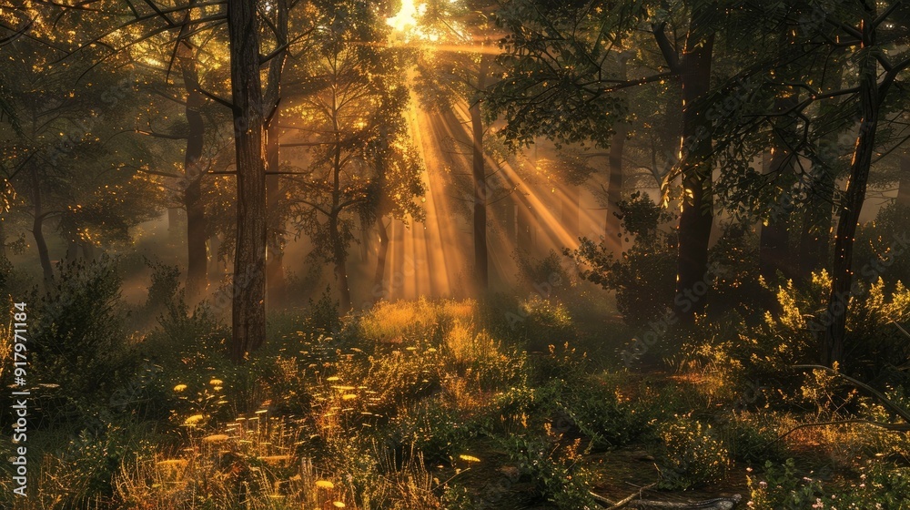 Fototapeta premium A serene sunrise over a tranquil forest, with the sun filtering through the trees, casting dappled shadows on the forest floor