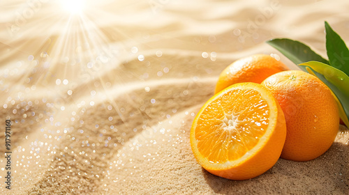 Sunlit Beach Sand with Juicy Orange Fruits for Refreshing Summer Promotions