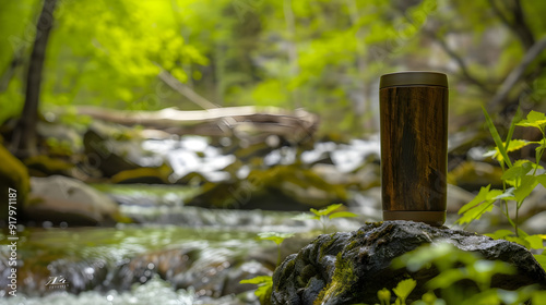 Tranquil Forest Creek with Weathered Wooden Tumbler in Foreground