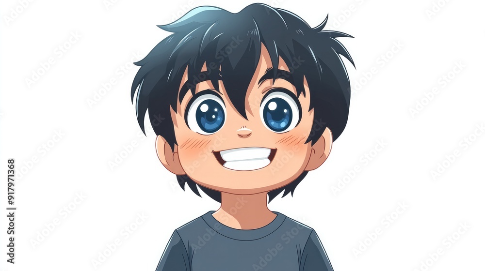 Cartoon anime character feeling happiness with a beaming smile and bright eyes, isolated on a white background Cartoon anime character feeling happiness with a beaming smile and bright eyes, isolated on a white background