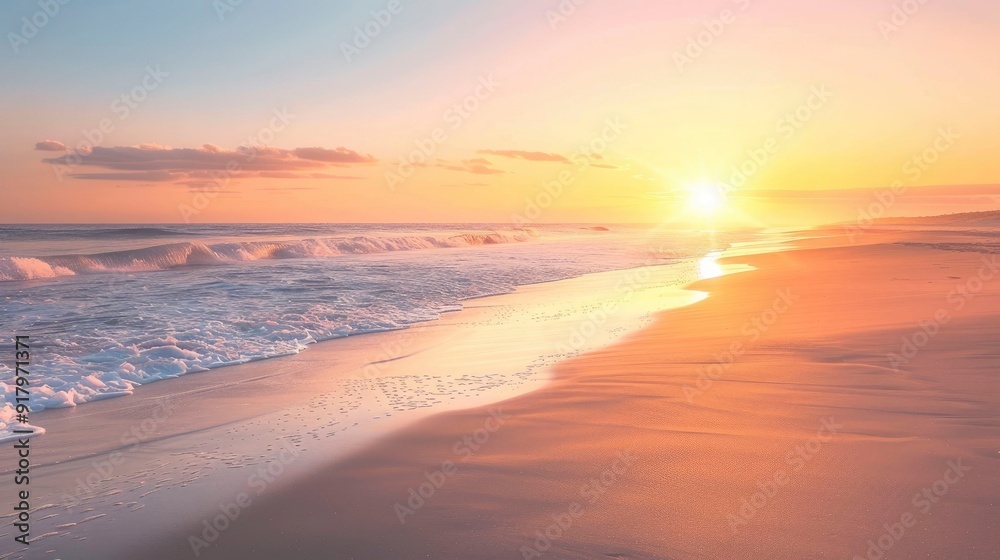 Fototapeta premium A serene sunrise over a tranquil beach, with the sun rising over the horizon, casting a warm glow over the sand and the gentle waves