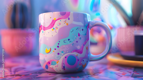 Vibrant and Pastel Purple Ceramic Mug with Bright Abstract Patterns