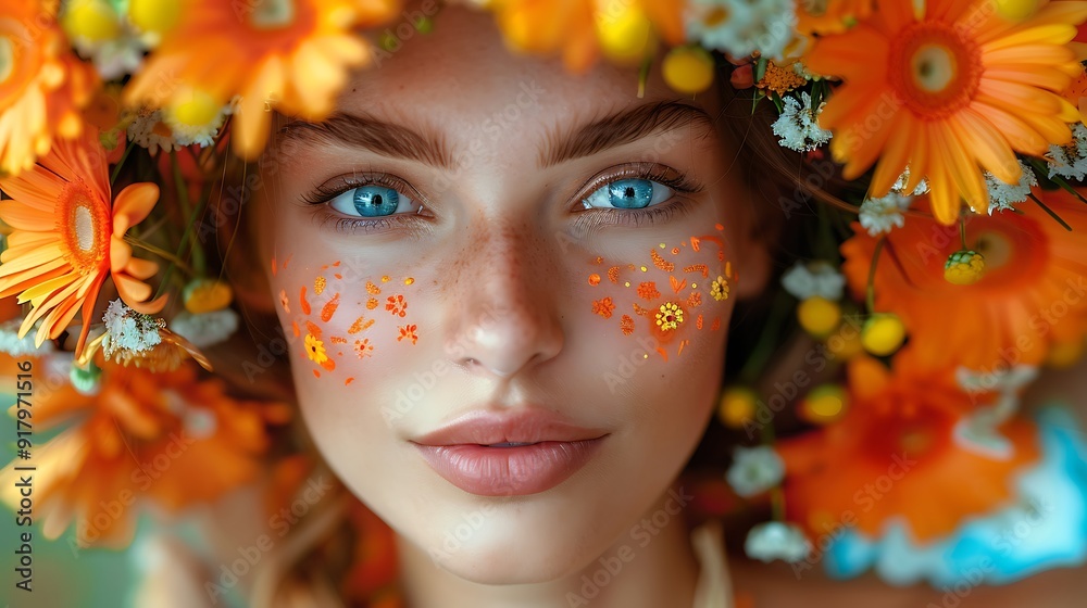 Beautiful Young Woman with Colorful Carnival Flowers and Face Paint Beautiful Young Woman with Colorful Carnival Flowers and Face Paint