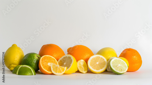 Vibrant Citrus Fruits Artfully Arranged on a Sleek White Background