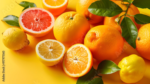 Vibrant Citrus Fruits on Bright Yellow Background for Refreshing Beverage and Summer Ads