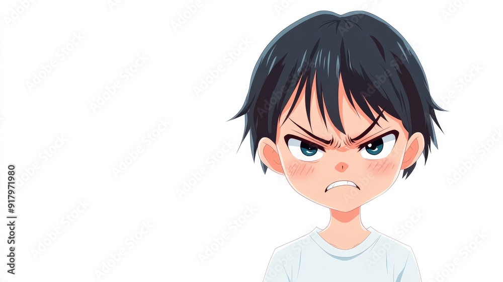 Cute anime character expressing anger with a furrowed brow and a frowning mouth, isolated on a clean white background Cute anime character expressing anger with a furrowed brow and a frowning mouth, isolated on a clean white background