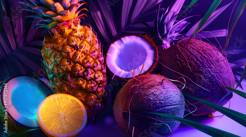 Vibrant Neon Lit Tropical Fruits Pineapple and Coconut in Bold Lighting for Nightlife and Beverage Marketing